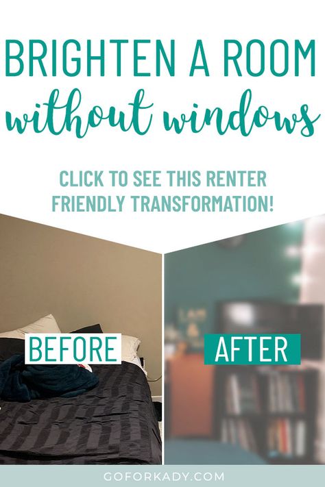 Rental apartments with rooms without windows are common in major cities, and it's hard to come up with dark bedroom ideas. Click here to find out how I made over my windowless guest room and turned a dark, boring space into a bright, cozy, chic office and guest room! Follow my dark bedroom makeover to see tips and ideas on how to use lights, paint and decor to brighten a rental apartment room with no windows on a budget! #apartmentmakeover #darkbedroom Windowless Bedroom Ideas Small Spaces, Awkward Space Bedroom Ideas, Apartment No Natural Light, How To Brighten Room With No Windows, Cozy Room No Windows, Brighten Up A Dark Room With No Windows, Dark Room No Windows, How To Brighten A Dark Bedroom With No Windows, Brighten Small Bedroom