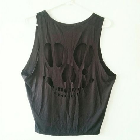 Skull cutout tank Black tank top with skull cut out in the back. Looks great with a bandeau! Brandy Melville Tops Muscle Tees Skull Cut Out Shirt, Bleached Tank Top Grunge, Diy Cut Out Shirt, Judy Nails, Skull Cutout, Nails Moodboard, Stringer Tank Top, Cut Tank Top, Clothes Making