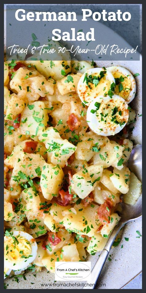 This authentic German Potato Salad recipe has been a family favorite for more than 70 years! The intensely flavorful, vinegar-based dressing is sweet and tangy. Perfect as a hearty side dish! Sweet German Potato Salad, German Potato Recipe Authentic, How To Make Potato Salad Easy, German Potato Casserole, Easy German Potato Salad Recipe, German Potato Salad Dressing, German Salads Authentic, Breakfast Potato Salad, German Potatoes Salad