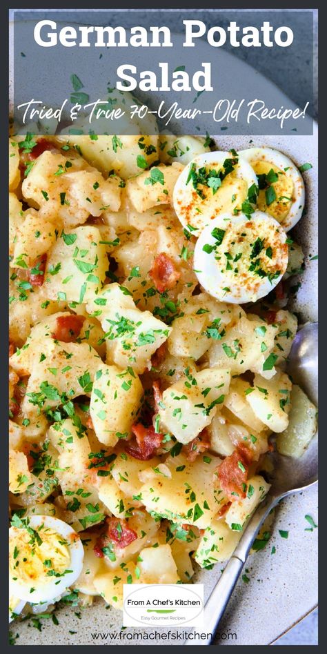 This authentic German Potato Salad recipe has been a family favorite for more than 70 years! The intensely flavorful, vinegar-based dressing is sweet and tangy. Perfect as a hearty side dish! Sweet German Potato Salad, German Potato Recipe Authentic, German Potato Casserole, German Potato Salad Dressing, Swabian Potato Salad, Vinegar Potato Salad Recipe, Easy German Potato Salad Recipe, German Salads Authentic, Potato Salad Side Dishes