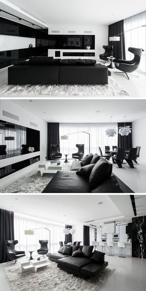 Living Room Design Black, Modern Living Room Black, Japandi Living Room Design, Apartment Decorating Black, Black And White Living Room Decor, White Living Room Decor, Black And White Living Room, White Bedroom Decor, Monochrome Interior