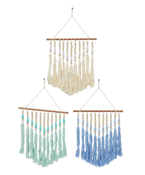 Teal Beaded Macrame Wall Art. Woven macrame wall art trio crafted from cotton yarn. Includes one beige, one blue and one teal woven wall decoration (three pieces total)Each: 14'' W x 24.3'' H x 0.4'' DCottonReady to hangImported Fabric Wall Decor, Home Refresh, Macrame Wall Decor, Bohemian Wall Decor, Geometric Wall Decor, Nails And Screws, Macrame Wall Art, Bedroom Headboard, Wall Decor Set