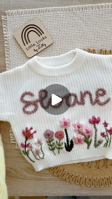 Embroidery Flowers On Sweaters, Flower Sweater, Flower Sleeve, Embroidery Sweater, Embroidery On Clothes, Crochet Inspiration, Baby Ideas, Crochet Sweater, Sweater Sleeves