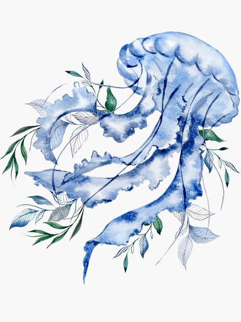 "Blue Jellyfish With Leaves" Sticker for Sale by vibesofcolor | Redbubble Jellyfish With Flowers, Horse Water, Watercolor Jellyfish, Jellyfish Drawing, Jellyfish Painting, Jellyfish Tattoo, Blue Jellyfish, Flowers Drawing, Animal Icon