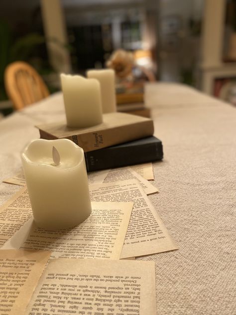 Book Inspired Centerpieces, Ttpd Release Party Ideas, Tablescape With Books, The Tortured Poets Department Listening Party, Cozy Party Theme, Onto The Next Chapter Graduation Party, Tortured Poets Department Party Decor, Fourth Wing Book Club Party, Book Party Aesthetic