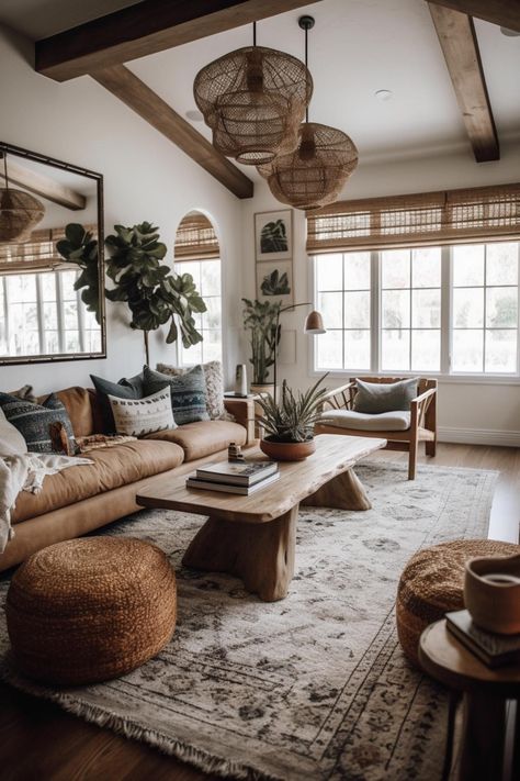 Rustic California Modern living room design Homely Interior Design, Small Living Room Decor Ideas Farmhouse, Boho Chic Farmhouse Living Room, Boho House Minimalist, Rustic Living Room Ideas Cozy, Rustic Bohemian Home Decor, Living Room Ideas With Cream Couch, House Aesthetic Interior Design Modern, Atrium Living Room