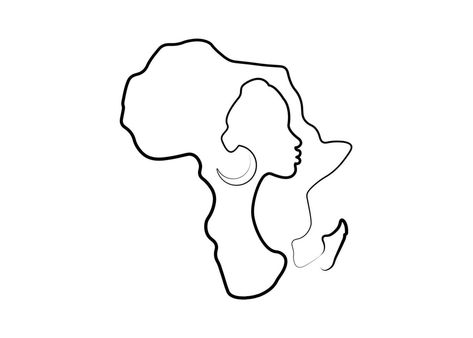 Black African Woman in line art style, continuous line drawing of Afro woman and African continent map. Vector linework tattoo icon logo isolated on white background Tattoo Of African Woman, Africa Small Tattoo, Black Women Outline Tattoo, Line Art Afro Woman, Minimalist Africa Tattoo, Afro Women Drawing, Made In Africa Tattoo, South African Tattoos For Women, Mother Africa Tattoo