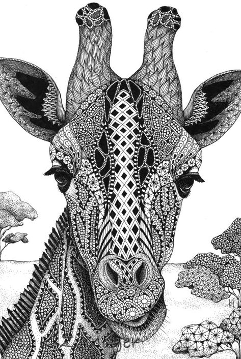 Giraffe. Domestic and Wild Zentangle Animal Portraits. By Kristin Moger. Zentangle Animal, Animals Inspiration, Zantangle Art, Giraffe Coloring Pages, Zentangle Kunst, Zentangle Animals, Mandalas Painting, Zentangle Artwork, Mandalas Drawing