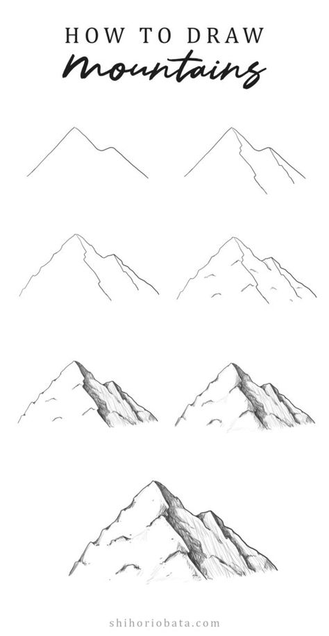 How to Draw Mountains: Easy Step by Step Tutorial Landscape Ideas Scetch, Drawing Tutorial Step By Step Beginner, Mountain Drawing Step By Step, Step By Step Drawing Mountains, What To Draw Beginners, Drawings Landscaping Easy, Easy Mountain Sketch, Step By Step Shading, Pencil Art Tutorial Step By Step