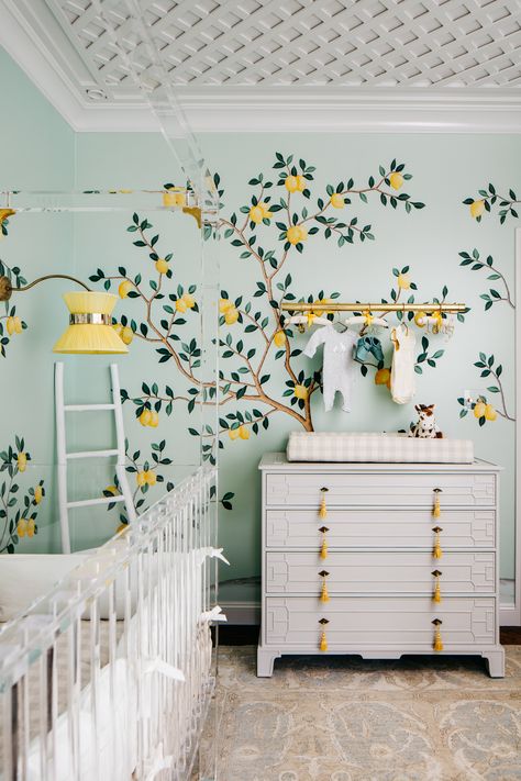 Lemon Drop Nursery with Lemon Wallpaper Project Nursery, Nursery Space, Outdoor Wood Furniture, Unique Nursery, Floating House, Home Additions, Baby Bedroom, Nursery Inspiration, Lemon Drop