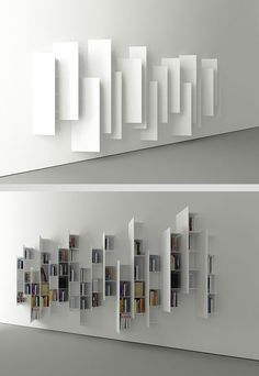 CTline bookshelf designed by Victor Vasilev. From a particular angle, this construction looks nothing like a bookshelf, but rather a minimalistic art installation. Art Installation, Mobil Design, Creative Bookshelves, Pelan Rumah, Regal Design, Bookshelf Design, Shelf Design, Book Shelf, Design Case