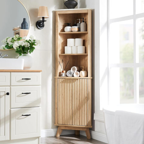 #cornerstorage #corneridea #naturalaesthetic Adjustable Shelves, Curved Profile Bookshelf for Bathroom, Kitchen, Living Room, Dining Room, Natural Oak Organisation, Bathroom Corner Storage Cabinet, Corner Bathroom Cabinet, Tall Corner Cabinet, Bathroom Corner Storage, Modern Boho Bathroom, Narrow Storage Cabinet, Corner Storage Cabinet, Furniture Storage Cabinets