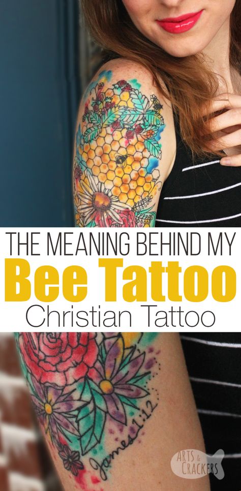 This Christian tattoo has such an incredible story behind it I had to share my bee tattoo meaning | tattoo | Christian Mom | Christian blogger | Honey Bee Tattoo | Encouraging Words | Inspiration | Affirmations | Devotional | Personal Growth Queen Honey Bee Tattoo, Christian Mom Tattoos, Honey Bee Meaning, Bee Still Tattoo, Bee Hummingbird Tattoo, Meaning Of Bee Tattoo, Bee Tattoo Meaning For Women, Honey In The Rock Tattoo, Queen Bee Tattoo For Women