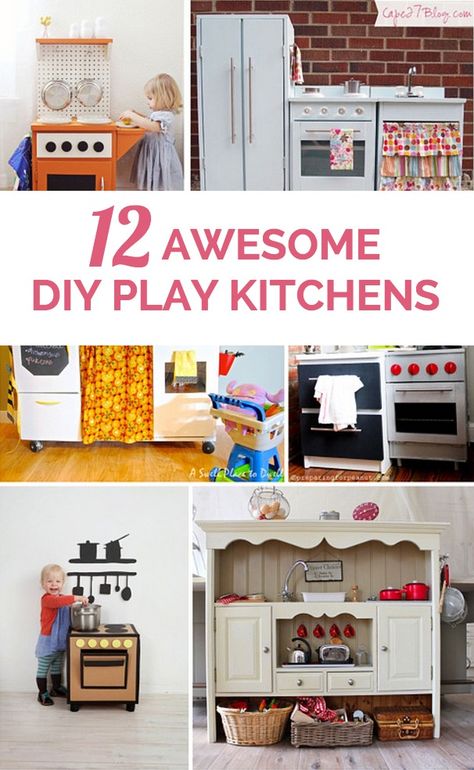 Creative ideas that turn cardboard boxes, nightstands, old dressers and more into an fun play kitchen! Play Kitchen Ideas, Girls Play Kitchen, Play Kitchen Diy, Gym Creative, Diy Karton, Diy Kids Kitchen, Play Kitchens, Kids Play Kitchen, Diy Play Kitchen