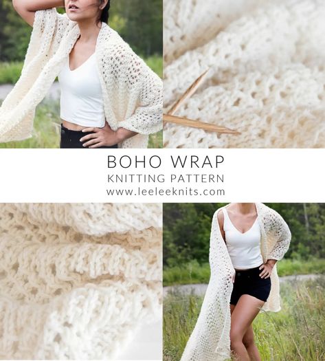 Knitted Wrap Pattern for a Bohemian Inspired Shawl - Leelee Knits Ponchos, Boho Knitting Patterns, Crocheting Tutorials, Boho Knitting, Free Knit Shawl Patterns, Knit Wrap Pattern, Knitted Wrap, Boho Knit, Knit Shawls