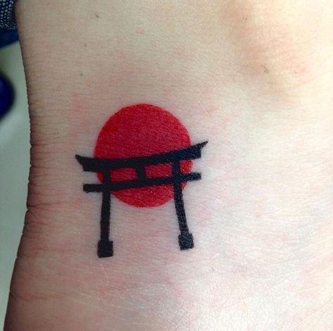 My Shinto shrine tattoo that I had done in Japan on my graduation trip! It’s a simple tattoo but has so much meaning and memories connected to it❤️ Japan Tattoo Small Simple, Japan Tattoo Design Small, Made In Japan Tattoo, Anime Sun Tattoo, Small Japanese Tattoos For Men, Rising Sun Tattoos Japanese, Shinto Shrine Tattoo, Tato Anime Simple, Tattoo Kecil Simple