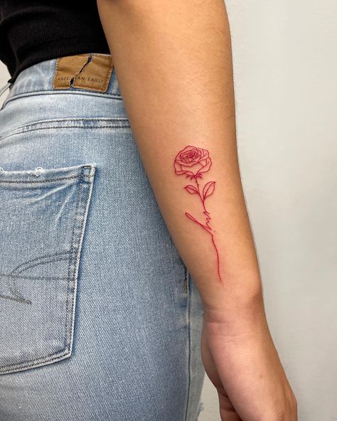Secret Name Tattoo Ideas, All Red Rose Tattoo, 444 Rose Tattoo, Rose Into Word Tattoo, Simple Cute Arm Tattoos, Red Rose Wrist Tattoo, Red Ink Rib Tattoo, Tattoos For Hands Women, Red Women Tattoo