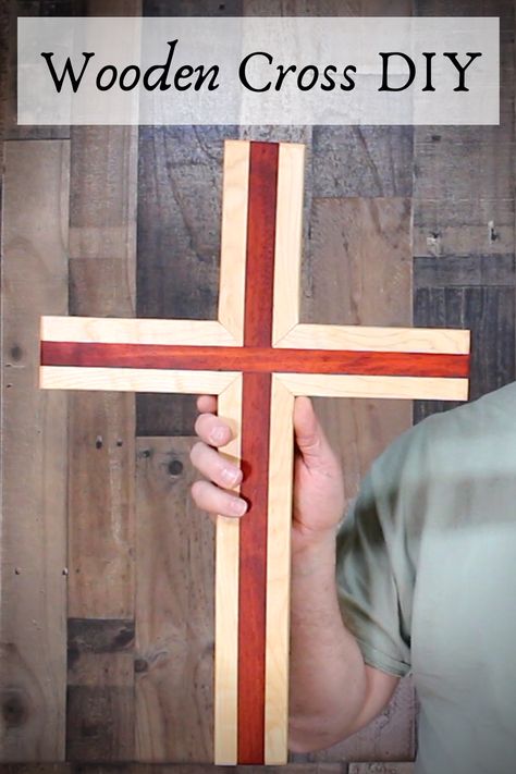 Learn how to make a beautiful wooden cross. This one is made from Padauk wood and Maple. A great home decor piece or it will make a great gift. You only need a few simple tools. Easy-to-make weekend project. You can either read my tutorial or watch the YT video. Diy Wood Easter Projects, Wooden Cross Diy, How To Make A Wooden Cross, Diy Wooden Cross Wall Art, How To Make A Cross, Wood Crosses Ideas, Rustic Wood Crafts Diy, Diy Wooden Cross, Diy Crosses