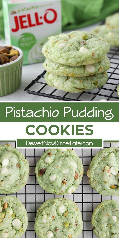 Pistachio Pudding Cookies are easy to make and taste great. This recipe uses instant pistachio pudding mix to make soft, flavorful cookies loaded with additional pistachios and white chocolate chips. Add a little green food coloring to make them pop for St. Patrick's Day or Christmas. Chewy Pistachio Pudding Cookies, Soft Pistachio Cookies, Christmas Pistachio Cookies, Pistachio Pudding Cookies Recipe, Pistachio Cake Mix Cookies, Green Cookies St Patrick, Cookie Pudding Recipes, Keto Pistachio Cookies, Homemade Slice And Bake Cookies