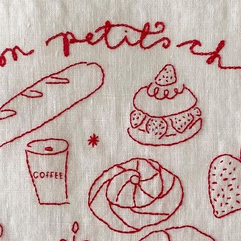 Hannah - commissions closed until 2024 on Instagram: "Hand embroidered napkin, to be framed and hung in the best, most delicious patisserie in Liverpool - @monpetitchoulpl I’m so proud of this piece, and where it’s going 🤩 thank you so much Betty for trusting me and giving me the opportunity to fill your lovely shop with embroidery!" Embroiderd Napkins, Useful Embroidery Projects, Napkin Embroidery Ideas, Hand Embroidery Ideas Projects, Hand Embroidery Inspiration, Embroider Napkins, Things To Embroider On, How To Embroider By Hand, Bread Embroidery