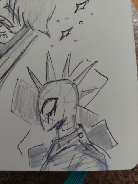 Croquis, Simple Drawing Character, Spider Punk And Spider Noir, Spider Punk Drawing Sketch, Spider Punk Doodle, Spiderpunk Sketch, Easy Spider Man Drawings, Spider Man Drawing Ideas, Adams Apple Drawing