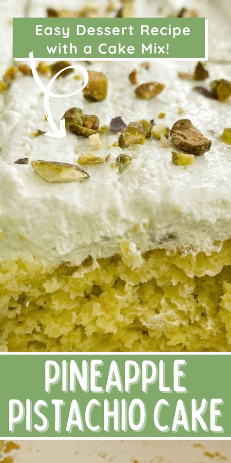 Pineapple Pistachio Cake in an easy 5 ingredient cake recipe that starts with a cake mix, pistachio pudding, and crushed pineapple. This easy dessert recipe is topped with a fluffy pistachio pudding frosting. Pie, Pineapple Pistachio Cake, Cakes With Pudding Mix In It, Pistachio Pudding Cake Recipe, Pistachio Cake With Box Cake, Costco Cake Designs, Pistachio Pudding Dessert, Cake Mix And Pudding, Pinapple Cake
