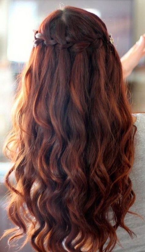 Hairstyles Waterfall Braid, Hairstyles Waterfall, Curly Waterfall Braid, Updos For Medium Length Hair Tutorial, Plaited Hairstyles, Natural Auburn Hair, Curled Prom Hair, Hairstyles Highlights, Waterfall Braid Hairstyle