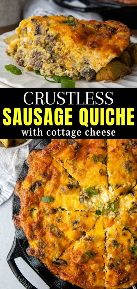 Crustless Sausage Quiche, Quiche With Cottage Cheese, Breakfast Quiche Crustless, Sausage Quiche Recipes, Breakfast Quiche Recipes Easy, Quiche Recipes Crustless, Cottage Cheese Recipes Healthy, Easy Breakfast Dishes, Gluten Free Quiche