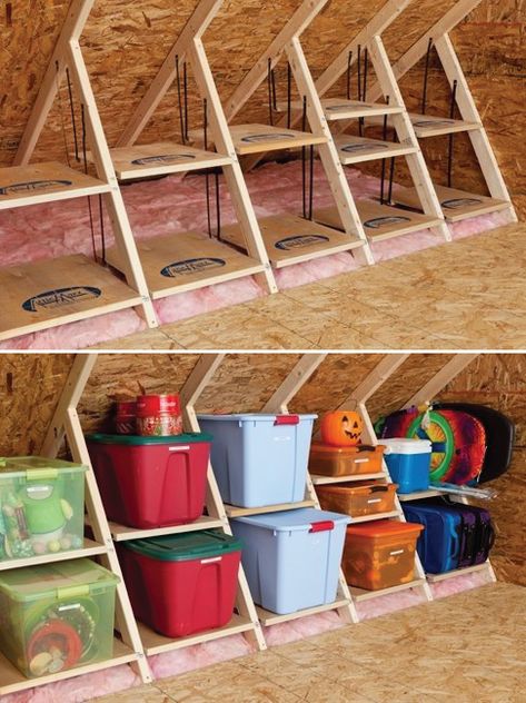 Arbejdsplads Garage, Attic Storage Organization, Small Space Storage Bedroom, Bedroom Storage Ideas For Clothes, Attic Storage Solutions, Bedroom Storage For Small Rooms, Storage Hacks Bedroom, Attic Organization, Koti Diy