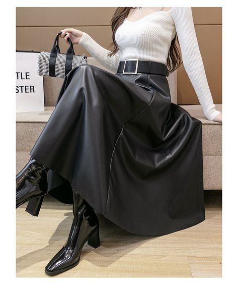 Leather Long Skirt Outfit, Long Leather Skirt Outfit, Leather Skirt Long, Long Leather Skirt, Leather Skirt Outfit, Pu Leather Skirt, Umbrella Skirt, Long Skirt Outfits, Leder Outfits