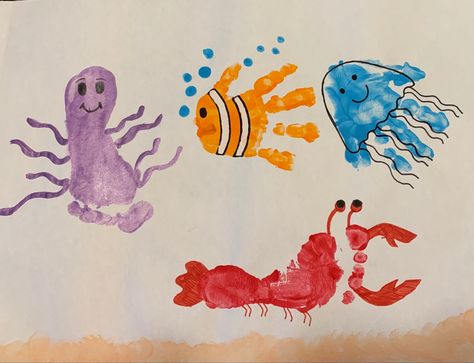 Fish Baby Art, Footprint Sea Creatures, Sea Creatures Handprints, Sea Animals Handprint Art, Lobster Footprint Craft, Handprint Ocean Crafts, Starfish Handprint Craft, Beach Art Projects For Toddlers, Handprint Sea Animals