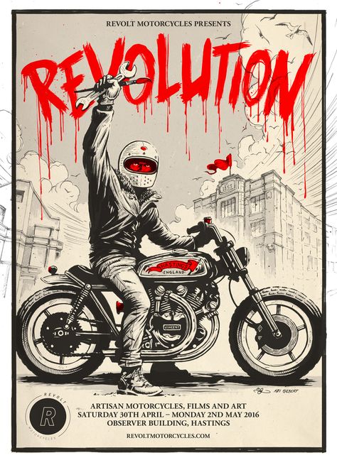 Poster / illustration for the Revolution Motorcycle / Art / Film show in Hastings by Adi Gilbert / 99seconds.com #hastings #vincent #poster #motorcycleart #99seconds Art Moto, 3d Karakter, Motorbike Art, London Cafe, Motorcycle Artwork, Motorcycle Drawing, Motorcycle Illustration, Bike Poster, Motorcycle Posters