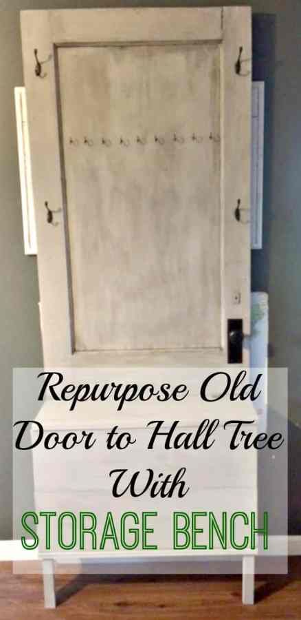 Old Door to Hall Tree Storage Bench Hall Tree Diy, Old Door Hall Tree, Old Door Bench, Door Hall Tree, Rustic Hall Trees, Farmhouse Hall Trees, Door Hall Trees, Old Door Decor, Hall Tree Storage Bench