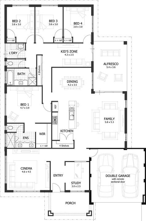 4 Bedroom House Plans & Home Designs | Celebration Homes 5 Bedroom House Plans, Pelan Rumah, 4 Bedroom House Plans, House Plans One Story, Kitchen Floor Plans, Garage House Plans, House Layout, House Layout Plans, Floor Plan Layout