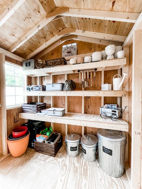 Potting Shed Reveal Garden Shed Flooring Ideas, Garden Shed Interiors Inspiration, 10x12 Shed Interior, Tiny Garden Shed, Shed Makeover Interior, Potting Shed Interior Ideas, Small Potting Shed, Potting Sheds Exterior, Garden Potting Shed