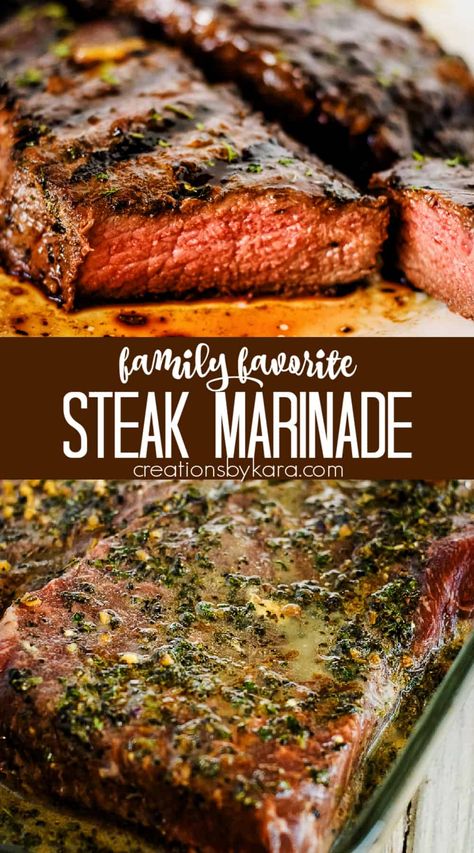 Best Steak Marinade Recipe - use this marinade for steaks that are bursting with flavor. Plus tips for grilling juicy steak every time. #steakmarinade #sirloinsteakmarinade #marinade #dinnerrecipe #lowcarb #grilling -from Creations by Kara Top Round Steak Marinade, Porterhouse Steak Marinade, Round Steak Marinade, Tenderizing Steak Marinade, Sirloin Marinade, Marinade For Steaks, Beef Steak Marinade, Homemade Steak Marinade, Marinated Steak Recipes