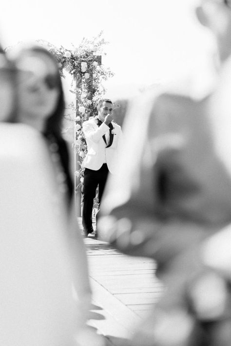 A classic greenhouse wedding ceremony at Dos Pueblos Orchid Farm, groom reaction to seeing bride Greenhouse Wedding Ceremony, Minimalist Couple, Groom Reaction, La Tavola Linen, Amethyst Wedding, Intimate Wedding Photography, Black Bridesmaids, Wedding Church, Greenhouse Wedding