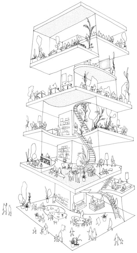 shibaura house by kazuyo sejima, seeing into the hidden lives and spaces. Kazuyo Sejima, Caim E Abel, External Staircase, Commercial And Office Architecture, Building Images, Concept Diagram, Architecture Graphics, House Illustration, House Office