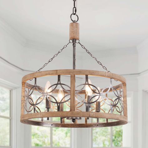 Farmhouse Chandelier Lighting, Wood Ceiling Lights, Drum Shade Chandelier, Farmhouse Ceiling Light, Wrought Iron Design, Cage Chandelier, Indoor Chandelier, Wooden Chandelier, Farmhouse Chandelier