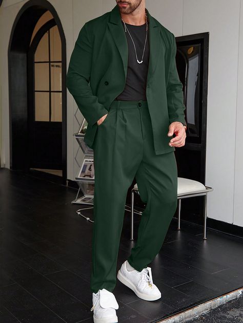 Dark Green Casual Collar Long Sleeve  Plain  Embellished Slight Stretch  Men Clothing Christmas Outfits Men Casual, Dark Green Formal Outfit Men, Green Suit Men Casual, Suit Styling For Men, Suit Plus Size Man, Green Casual Suit Men, Poses With Suits Men, Green Suits For Prom, Emerald Green Men Outfit