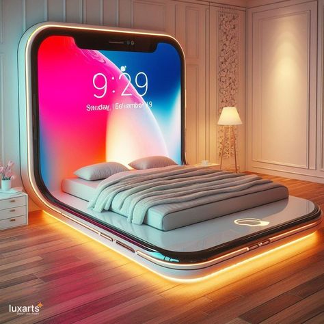 iPhone-shaped Bed 📱🛏️✨ #iPhoneBed #TechInspired #ModernComfort Embrace the digital age even in your dreams with the iPhone-shaped Bed. This innovative bed design mimics the iconic shape of the iPhone, offering a sleek and modern sleeping experience. Crafted with comfort and style in mind, it combines the latest in technology with luxurious bedding materials for a truly unique bedroom centerpiece. https://luxarts.net/iphone-inspired-bed/ Funky Bedroom Design, Weird Beds, Modular Bedroom, Diy Projects Garage, Creative Beds, Funky Bedroom, Latest Bed, Weird Furniture, Mickey Mouse Themed Birthday Party