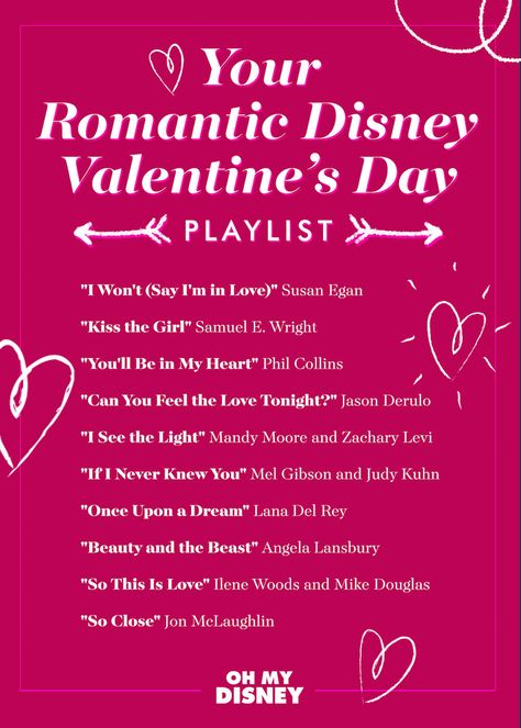 You'll love this romantic playlist of Disney songs, right in time for Valentine's Day! Valentines Songs, February Playlist, Romantic Playlist, Valentine's Day Movie, Romantic Disney, Disney Playlist, Disney Love Songs, Valentines Day Songs, Valentine Songs