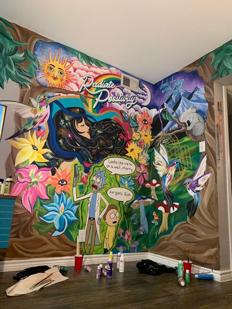 Trippy Wall Paintings Bedroom, Cartoon Wall Painting Ideas, Trippy Wall Mural, Trippy Wall Paintings, Wall Drawing Ideas, Bedroom Art Painting, Cartoon Wall Painting, Trippy Wall Art, Wall Drawings