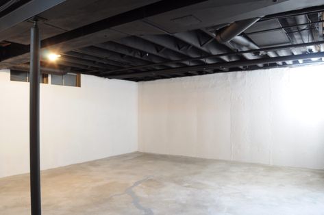 Unfished Basement Ideas, Painted Concrete Walls In Basement, Unfinished Basement Ideas For Kids, Painted Basement Floor, Black Basement Ceiling, Aspen Bedroom, Unfinished Basement Ceiling, Exposed Basement Ceiling, Basement Ceiling Painted