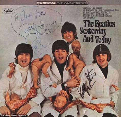 This has been declared the worlds rarest beatle album after its one of few of the album that is still around after it was pulled from circulation - this one copy was Lennon's personal copy, he traded it with a dealer and fan - and drew a sketch on it, making it one of a kind and has as estimate of $200,000 at auction but is expected to go for much more Beatles Album Covers, The Beatles Yesterday, Beatles Rare, Nowhere Man, Beatles Albums, The Velvet Underground, Lennon And Mccartney, John Lennon Beatles, Pochette Album