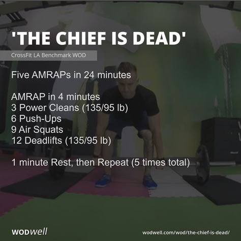 Score is total rounds and reps completed in all 5 AMRAP cycles. “The Chief is Dead” is a benchmark WOD based on the popular CrossFit Hero WOD, “The Chief.” The movements and the interval style are similar but this version adds 12 deadlifts (“deads,” hence the name) per round and a full extra minute per AMRAP cycle. Crossfit Benchmark Workouts, Deadlift Wod Crossfit, Benchmark Wods Crossfit, Crossfit Amrap Workout, Hero Crossfit Workouts, Full Body Wod Crossfit, Crossfit Hero Wod, Wod Workouts Crossfit, Hero Workouts Crossfit