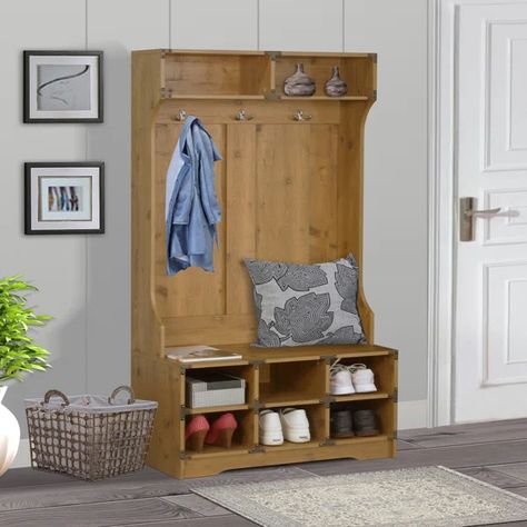 Charleroi 31.5'' Wide Hall Tree with Bench and Shoe Storage Classic Hall, Cubby Bench, Hall Tree Bench, Beadboard Paneling, Chic Organization, Weathered Wood Finish, Storage Cubby, Cubby Storage, Storage Hooks