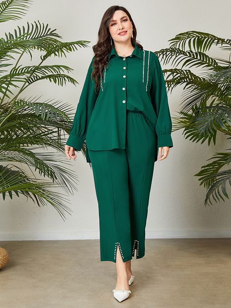 Dark Green Elegant Collar Long Sleeve  Plain  Embellished Non-Stretch  Women Plus Clothing Plain Dress With Heavy Dupatta, Plus Size Western Outfits Woman, Plus Size Western Outfits, Pearl Shirt, Indian Dress Up, Co Ords Outfits, Silk Kurti Designs, Heavy Dupatta, Latest Maxi Dresses