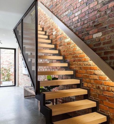 Industrial Staircase Design, Feature Staircase, Exterior Handrail, Industrial Staircase, Industrial Stairs, Staircase Interior Design, Timber Stair, Stair Well, Timber Staircase