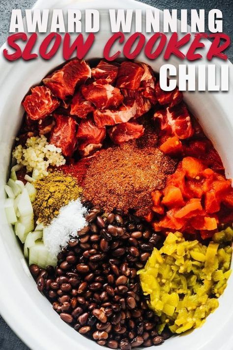 Chilli Recipe Crockpot, Chili With Stew Meat, Steak Chili Recipe, Winning Chili Recipes, Award Winning Chili Recipe, Stovetop Chili, Easy Chilli, Chilli Recipe, Slow Cooker Chili Recipe